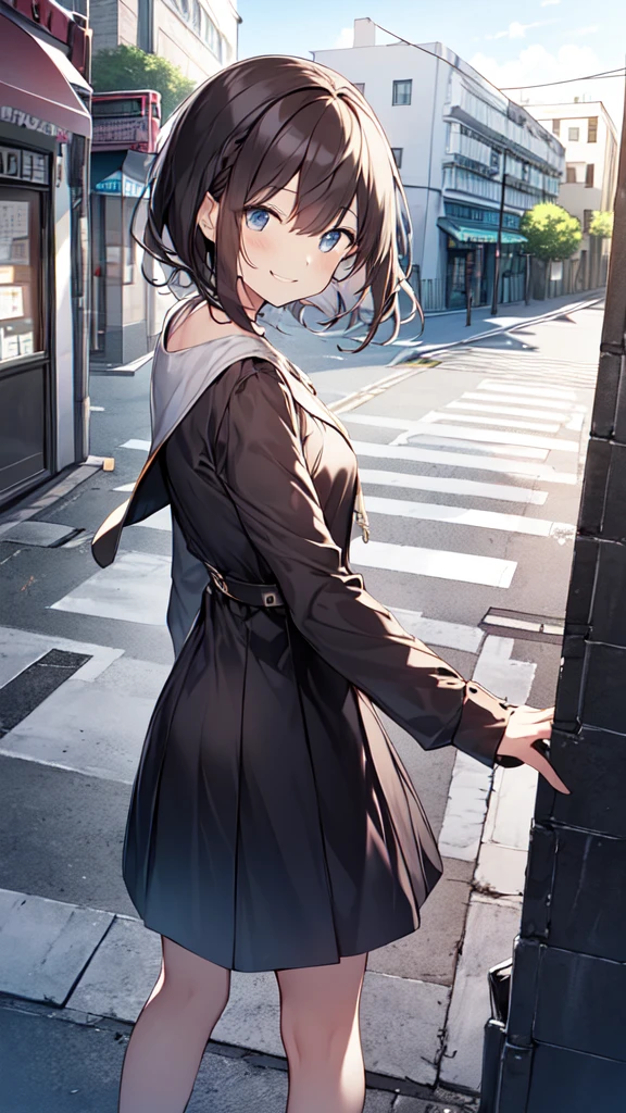 Tabletop, highest quality,figure, wallpaper, Super detailed, Absurd, One Girl, alone,(Short brown hair), Wet Hair,Staring at us from the front,Beautiful brown hair, Clear brown eyes, Slightly chubby,Small breasts,The butt is small,(((Teasing Smile))),Hands, Very detailed beautiful eyes , (street:1.3), Sunny bright sky、Hair blowing in the wind,(Panoramic View:1.5),(Depth:1.3),(Long Shot:1.3)