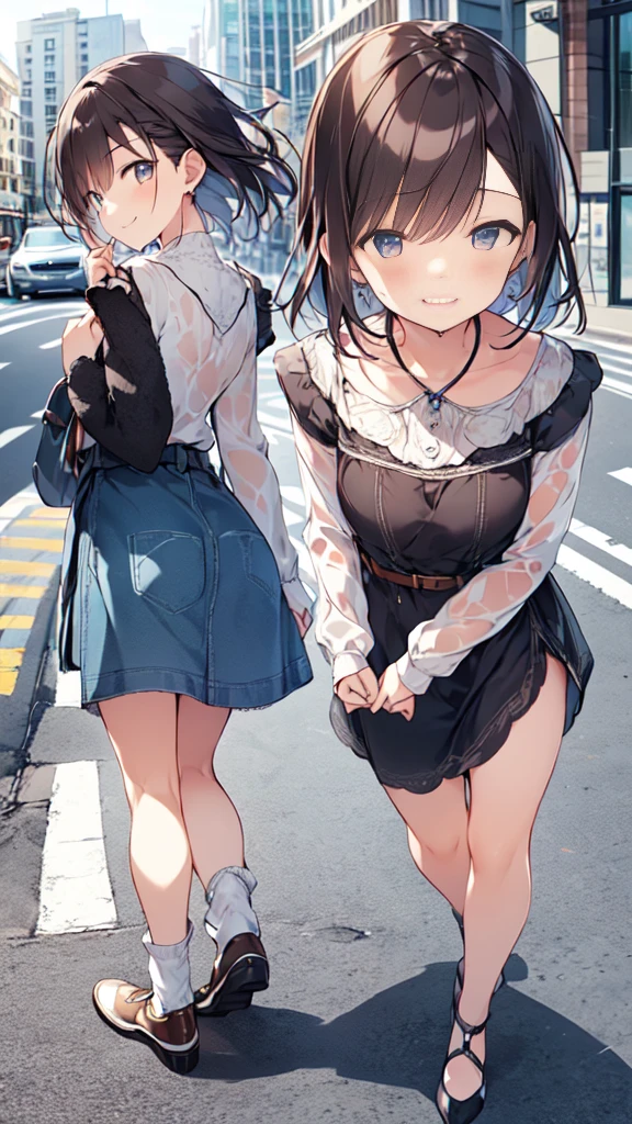 Tabletop, highest quality,figure, wallpaper, Super detailed, Absurd, One Girl, alone,(Short brown hair), Wet Hair,Staring at us from the front,Beautiful brown hair, Clear brown eyes, Slightly chubby,Small breasts,The butt is small,(((Teasing Smile))),Hands, Very detailed beautiful eyes , (street:1.3), Sunny bright sky、Hair blowing in the wind,(Panoramic View:1.5),(Depth:1.3),(Long Shot:1.3)