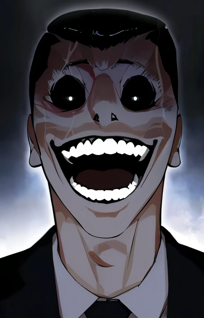 a man in black coat with black tie laughing like crazy with white teeth and big eyes.