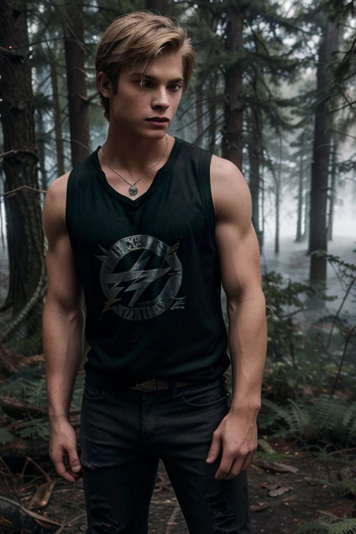 Mason Dye, Garrett, Teen Wolf, 18 years old, short messy blonde hair, green eyes, red sleeveless sports vest, black military shirt with lightning bolt print, black jeans, black combat boots. silver pendant, white wolf print. Forest background with fog aura around black color.