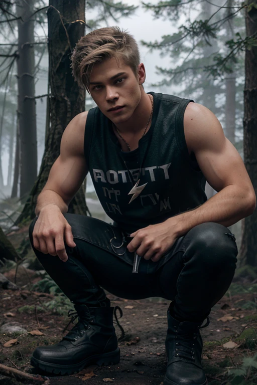 Mason Dye, Garrett, Wolf, 18 years old, short messy blonde hair, green eyes, red sleeveless sports vest, black military shirt with lightning bolt print, black jeans, black combat boots. silver pendant, white wolf print. Forest background with fog aura around black color.