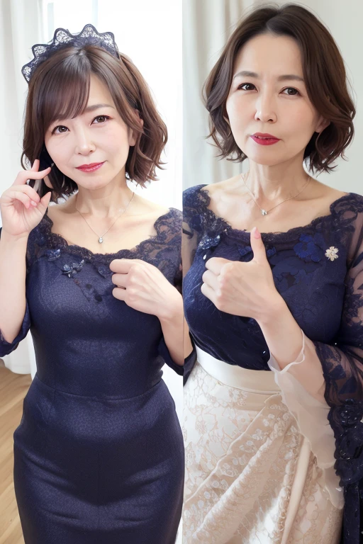 Elegant mature Japanese woman, 55 years old, Slender body, Classy woman, Highly detailed face, Beautiful Lips, Highly detailed face, Long eyelashes, Slim figure, Lolita Dress, ((whole body)), sexy, glamorous, Cat ear, Pearl Necklace, Red lipstick, Charismatic, Cute pose