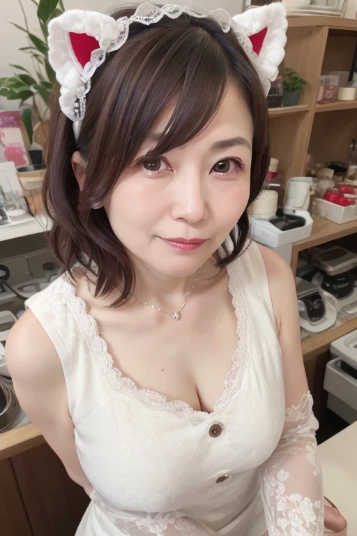 Elegant mature Japanese woman, 55 years old, Slender body, Classy woman, Highly detailed face, Beautiful Lips, Highly detailed face, Long eyelashes, Slim figure, ta Dress, ((whole body)), sexy, glamorous, Cat ear, Pearl Necklace, Red lipstick, Charismatic, Cute pose