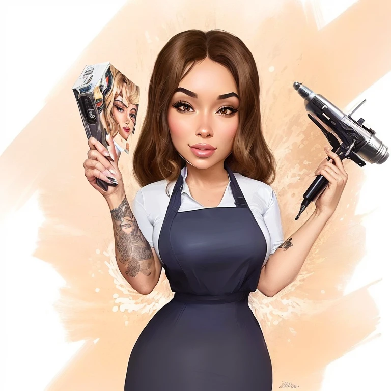 mulher arafa segurando um secador de cabelo e um secador de cabelo, cartoon style illustration, em estilo cartoon, professional illustration, estilo caricatural, caricatura, air brush illustration, arte dos desenhos animadosstyle, arte dos desenhos animados style, professional illustration, caricature illustration, in digital illustration style, arte dos desenhos animados, por Elena Guru, por Eddie Mendoza