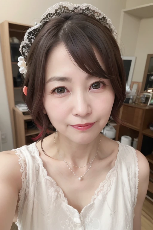 Elegant mature Japanese woman, 55 years old, Slender body, Classy woman, Highly detailed face, Beautiful Lips, Highly detailed face, Long eyelashes, Slim figure, Lolita Dress, ((whole body)), sexy, glamorous, Cat ear, Pearl Necklace, Red lipstick, Charismatic, Cute pose, photo shoot