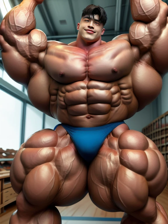 1 asian boy, giant, undercut black haircut, bodybuilder pose, indoor, at the laboratory, strong body, bulk, naked, armpit, wear white triangular underwear, bulge, big, brutalmass, giant, muscular body, bulk, massive body, large meaty body size, brown veiny skin, big arms, ballooning meaty pecs, big butt. wet, UHD, Realistic, intricate detail