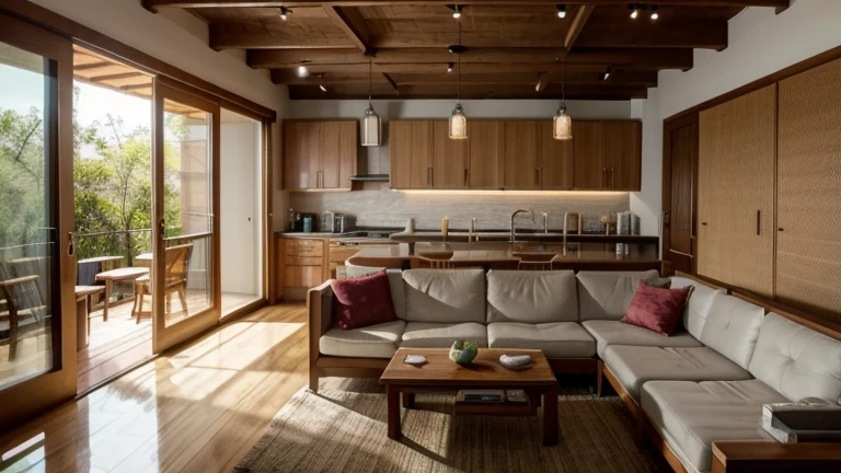  Ambiente integrado entre salas e cozinha possuindo 2,40 right foot (ceiling height). 
The floor is covered in vinyl imitating cedar wood..
The kitchen is 16 square meters and is linear with the support of an island with cooktop and brushed stainless steel hood fixed to the ceiling.. It serves as a bench for high Japanese-style wooden stools.
The countertop is in white Itaúnas granite.
The joinery goes to the ceiling with cabinets in pink cedar wood and doors with a cane finish..
The pediment (backsplash) It is covered with textured satin porcelain tiles and is located in the washing area, which has a farmhouse style bowl in brushed stainless steel.
The refrigerator is an inverse model in stainless steel..
The oven and microwave are made of stainless steel and are built into the bottom of the island..
On the side wall there are shelves for spice racks and hanging kokedamas..
The environment receives natural lighting, in addition to the artificial one, which is neutral and diffuse.

The living room is 24 square meters and has a living and dining area.. 
The layout is fluid, allowing good circulation.
The sofa is a 3-seater tatami style sofa with ivory twill fabric upholstery.. The cushions and blanket are in linen and raw cotton fabric in burgundy red, verde esmeralda e turquesa.
Beyond the sofa, there are 3 more rectilinear wooden seats with straw details. 
In the center of the living area there is a low rectangular coffee table in sucupira wood on a bamboo tatami mat..
The television rack is a design piece of furniture in sucupira wood with geometric details in red colors., azul e verde em tons escuros, onde ficam expostos aparelhos de controle residencial.
Leaning against the wall are wooden paintings with Japanese art and a shoji floor lamp.. There is also an open shelf for displaying manga magazines..
The dining area has a 6-seater rectangular wooden table with hollow legs and chairs with geometric backs.. Sobre a mesa, there is a rectangular pendant lamp in wood and shoji paper.
