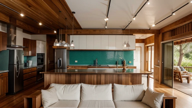 Ambiente integrado entre salas e cozinha possuindo 2,40 right foot (ceiling height).
The floor is covered in vinyl imitating cedar wood..
The kitchen is 16 square meters and is linear with the support of an island with cooktop and brushed stainless steel hood fixed to the ceiling.. It serves as a bench for high Japanese-style wooden stools.
The countertop is in white Itaúnas granite.
The joinery goes to the ceiling with cabinets in pink cedar wood and doors with a cane finish..
The pediment (backsplash) It is covered with textured satin porcelain tiles and is located in the washing area, which has a farmhouse style bowl in brushed stainless steel.
The refrigerator is an inverse model in stainless steel..
The oven and microwave are made of stainless steel and are built into the bottom of the island..
On the side wall there are shelves for spice racks and hanging kokedamas..
The environment receives natural lighting, in addition to the artificial one, which is neutral and diffuse.
The living room is 24 square meters and has a living and dining area..
The layout is fluid, allowing good circulation.
The sofa is a 3-seater tatami style sofa with ivory twill fabric upholstery.. The cushions and blanket are in linen and raw cotton fabric in burgundy red, verde esmeralda e turquesa.
Beyond the sofa, there are 3 more rectilinear wooden seats with straw details.
In the center of the living area there is a low rectangular coffee table in sucupira wood on a bamboo tatami mat..
The television rack is a design piece of furniture in sucupira wood with geometric details in red colors., azul e verde em tons escuros, onde ficam expostos aparelhos de controle residencial.
Leaning against the wall are wooden paintings with Japanese art and a shoji floor lamp.. There is also an open shelf for displaying manga magazines..
The dining area has a 6-seater rectangular wooden table with hollow legs and chairs with geometric backs.. Sobre a mesa, there is a rectangular pendant lamp in wood and shoji paper.