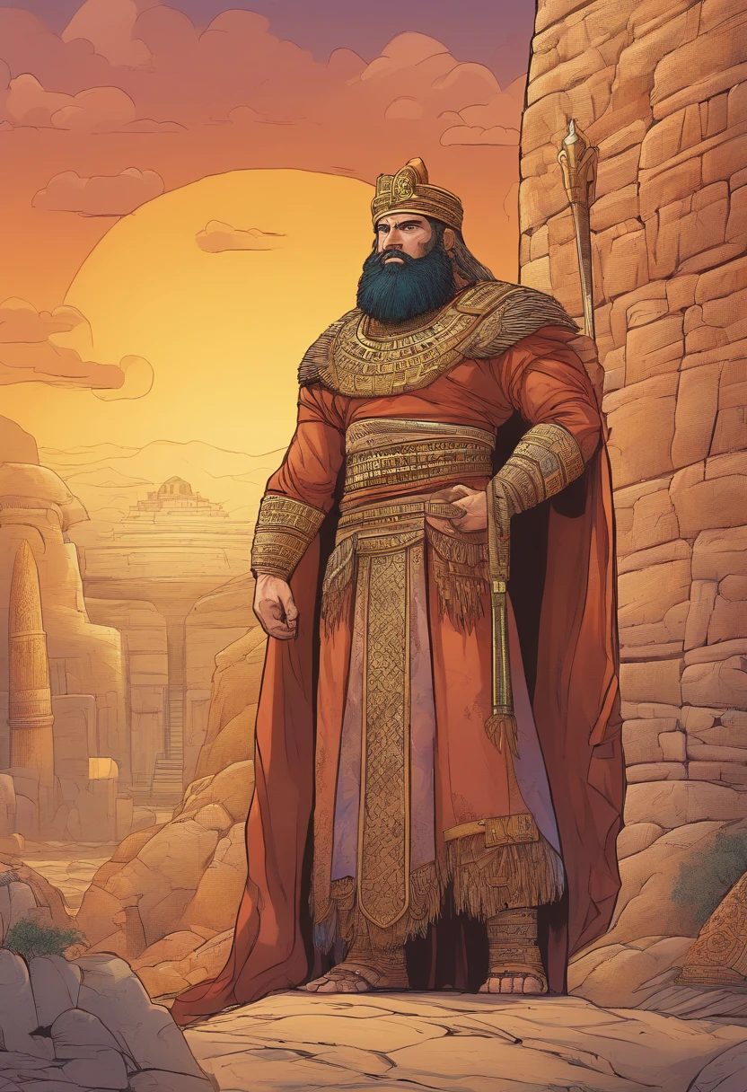 Gilgamesh, man, Babylonian beard, 30 years, strong, tall, wearing ancient Sumerian dress, standing in front of a large Sumerian Ziggurat