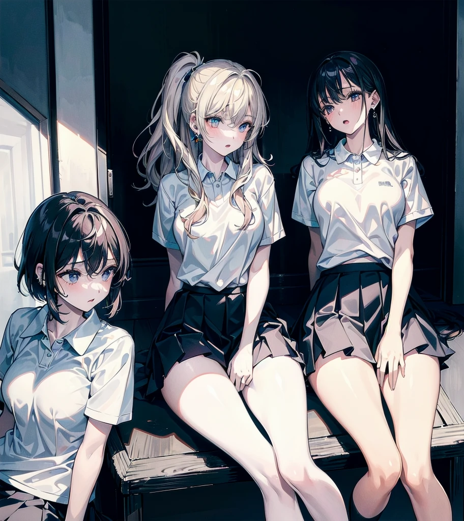 ((yuri)), ((((3 girls)))), absurdres, RAW photo, extremely delicate and beautiful, masterpiece, Best Quality, ultra high resolution, 32k, hyperrealistic, ultra-detailed, detailed description, perfect figure, perfect shape, perfect anatomy, pale skin, 20 years old, detailed beautiful face and eyes, tearful mole, earring, short medium hair, wavy hair, whole body shot, medium tits, tennis uniform, polo shirt, tight mini skirt,