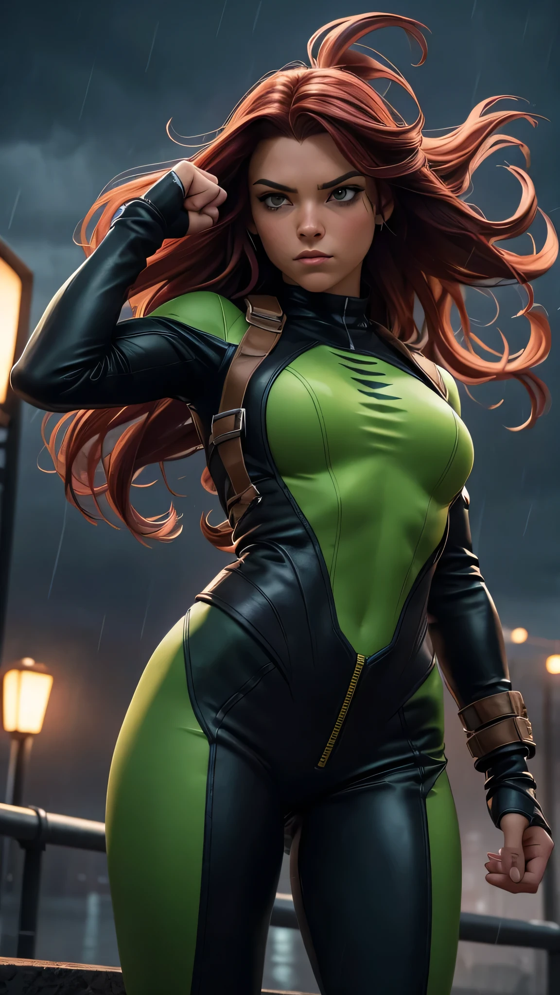 Character: Rogue from X-Men Style: In the character's original comic style, with homage to the original design. Description: - Pose: Flying in a heroic pose, with her right fist extended forward and her left fist bent, as if ready to attack or defend. - Costume: The costume is crucial, showcasing a light green bodysuit with yellow accents, adhering faithfully to Rogue's iconic look. It should fit snugly and completely cover her body, leaving no skin exposed. The suit's green color represents her association with nature and her mutant abilities, while the yellow details add contrast and visual interest. Over the bodysuit, she wears a brown aviator-style leather jacket, adding a touch of ruggedness and individuality to her ensemble. - Hair: Rogue's hair is a defining feature, with long red locks and a distinctive white streak in the bangs. This detail is essential to capturing her iconic appearance from the comics. - Expression: Her expression should convey confidence, determination, and strength, reflecting her character's resilience and courage. Her gaze is focused and intense, indicating her readiness for action. - Environment: The scene is set against a nighttime sky, with dark clouds and rain adding drama and atmosphere. The raindrops should be rendered realistically, adding depth to the scene and enhancing the overall mood. - Lighting and Effects: The lighting should be atmospheric, with subtle highlights and shadows adding depth and dimension to the illustration. The rain and night sky should be rendered realistically, with water droplets and light reflections enhancing the overall mood and atmosphere of the scene.