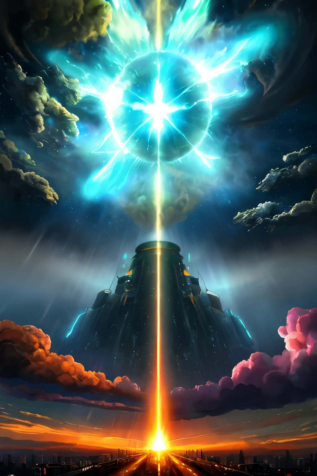 ((best quality)), ((masterpiece)), (detailed), x-ray laser beam falling from the sky and destroying a city, hammer of dawn, satellite cannon to fight cosmic horrors and dysphoric locust organic life, project excalibur, pillars of creation, meteorite mega flare, nuclear reaction between rainfall and sunlight, a thermonuclear combination of fission and fusion reactions, atmospheric pollution caused by electro geo magnetic storms spectrums, oppenheimer quantum physics, evangelion vfx, studio ghibli and makoto shinkai