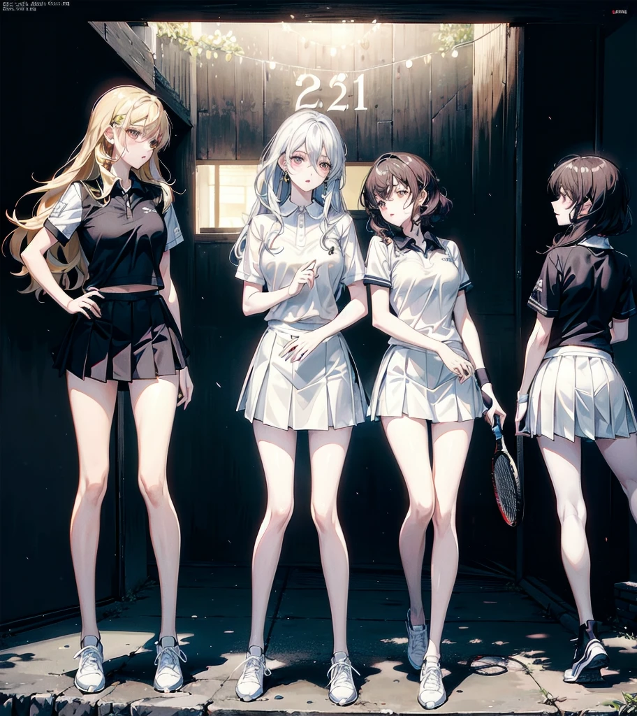 ((((yuri)))), ((((3 girls)))), absurdres, RAW photo, extremely delicate and beautiful, masterpiece, Best Quality, ultra high resolution, 32k, hyperrealistic, ultra-detailed, detailed description, perfect figure, perfect shape, perfect anatomy, pale skin, 20 years old, detailed beautiful face and eyes, tearful mole, earring, short medium hair, wavy hair, whole body shot, medium tits, tennis uniform, polo shirt, tight mini skirt,