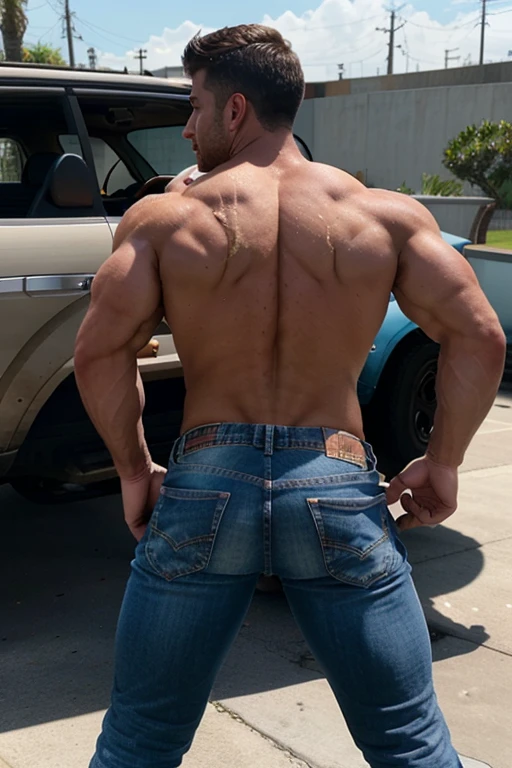 Cody Calafiore, universitario shirtless, big muscles, muy nalgon, hombros anchos, big biceps, edificios,  cuerpo completo, Barbas, ultra realistic, full body,   jeans (((backside))) (((Big butt))) washing his car