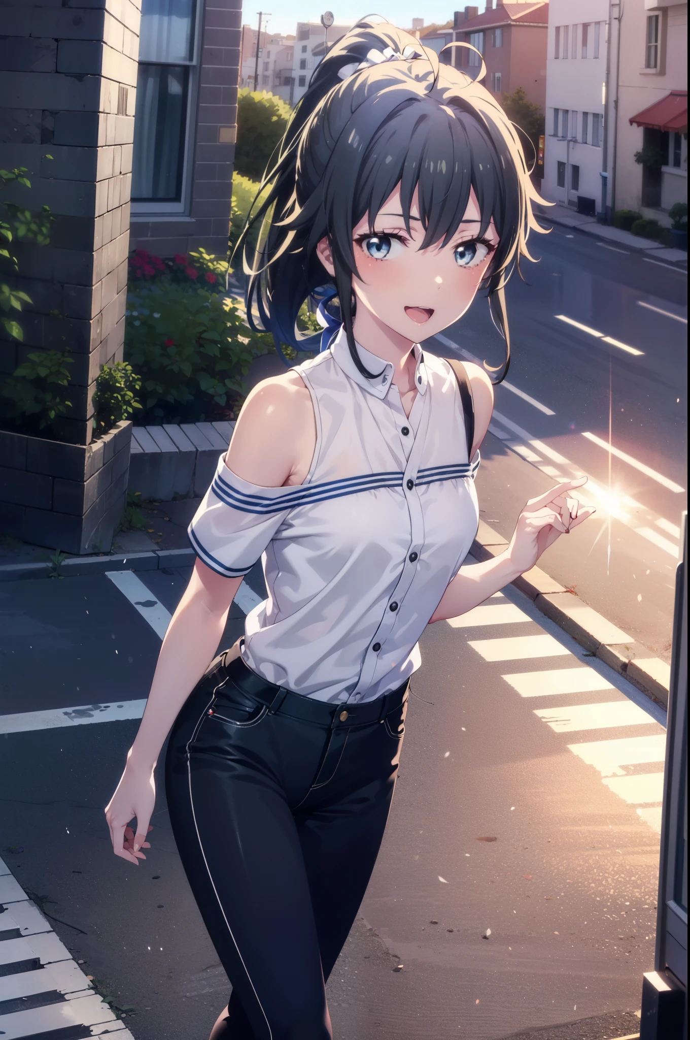 yukinoyukinoshita, yukino yukinoshita, Black Hair, blue eyes, Long Hair, Ahoge,ponytail,happy smile, smile, Open your mouth,Cold shoulder tops,Short sleeve,skinny pants,Stiletto heels,Walking,morning,morning陽,The sun is rising,whole bodyがイラストに入るように,
break outdoors, In town,Building district,
break looking at viewer, whole body,
break (masterpiece:1.2), highest quality, High resolution, unity 8k wallpaper, (figure:0.8), (Beautiful fine details:1.6), Highly detailed face, Perfect lighting, Highly detailed CG, (Perfect hands, Perfect Anatomy),