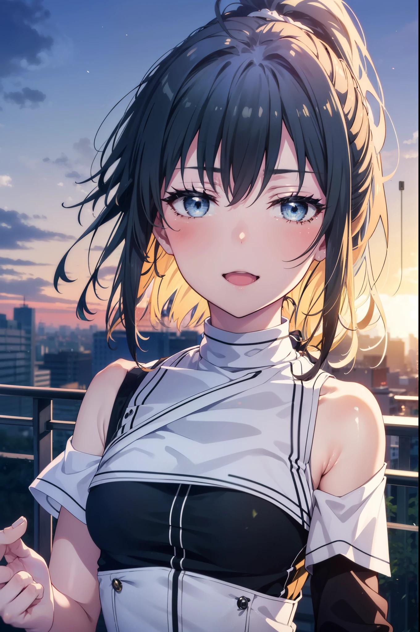 yukinoyukinoshita, yukino yukinoshita, Black Hair, blue eyes, Long Hair, Ahoge,ponytail,happy smile, smile, Open your mouth,Cold shoulder tops,Short sleeve,skinny pants,Stiletto heels,Walking,morning,morning陽,The sun is rising,whole bodyがイラストに入るように,
break outdoors, In town,Building district,
break looking at viewer, whole body,
break (masterpiece:1.2), highest quality, High resolution, unity 8k wallpaper, (figure:0.8), (Beautiful fine details:1.6), Highly detailed face, Perfect lighting, Highly detailed CG, (Perfect hands, Perfect Anatomy),