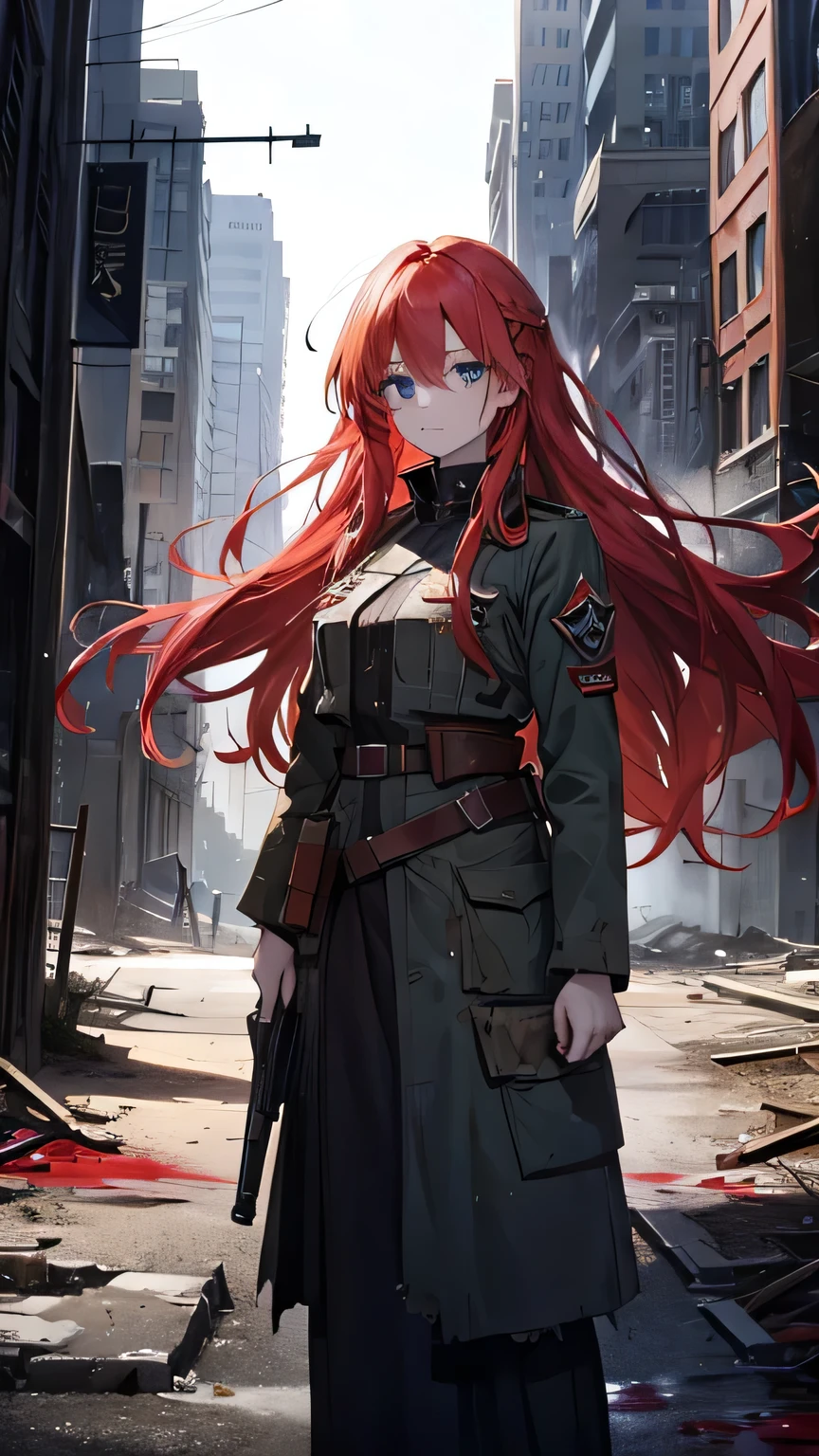 Beautiful red-haired woman with long hair, blue eyes, torn military clothing, wounds on the body, blood. Pain, city in ruins. At the edge of the ground.