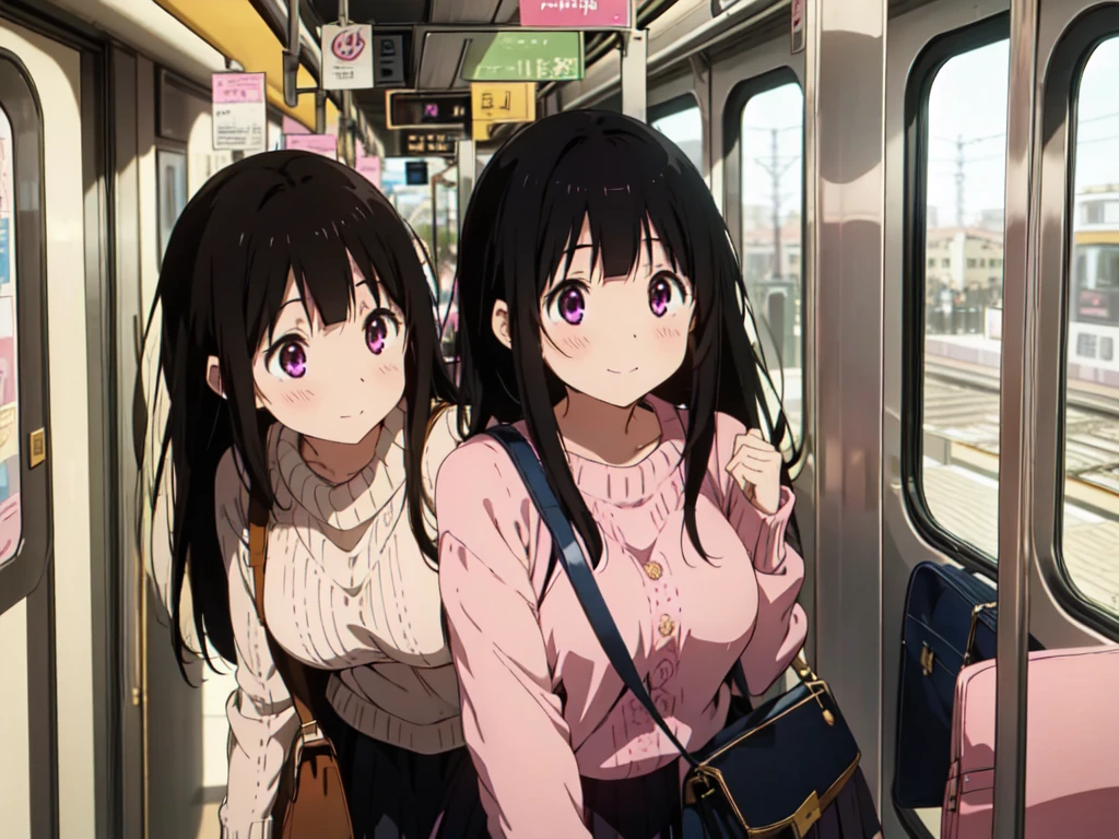 Chitanda El,Tilt your head 25 degrees to the right,Big Breasts,blush,A big smile,Blonde Sweater,Black Skirt,Purple Eyes,Black Hair,long hair,Pink shoulder bag,Beautiful image quality,Inside the train,Whispers,Leaning forward,