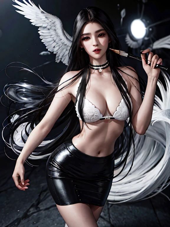 Fotorrealista, high resolution, luzes suaves, 1 mulheres, Sozinho, Quadris para cima, olhos azuis, cabelo branco, cabelo longo, Close your lips, camisa de colarinho, gravata preta,Saia preta, pencil skirt, casaco de pele, meias