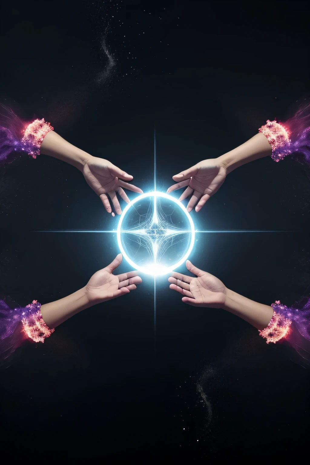 multiple arms and hands coming leaving a magic portal