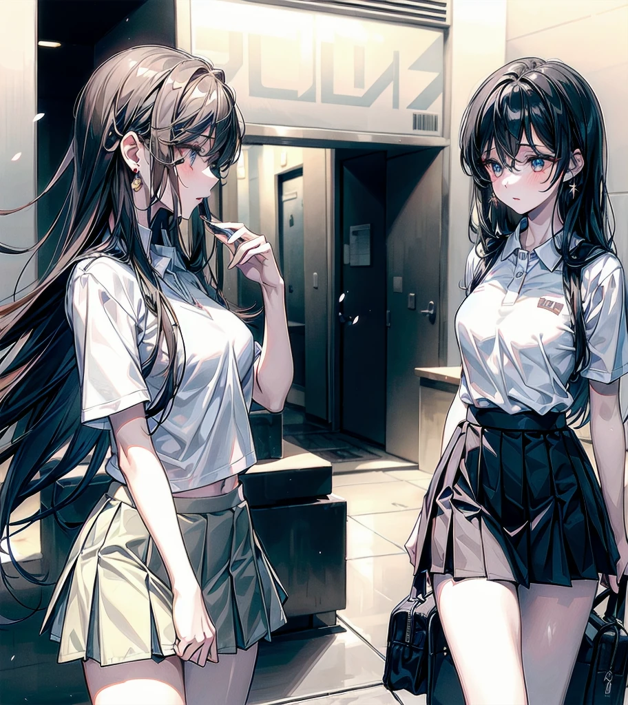 ((((yuri)))), ((((3 girls)))), absurdres, RAW photo, extremely delicate and beautiful, masterpiece, Best Quality, ultra high resolution, 32k, hyperrealistic, ultra-detailed, detailed description, perfect figure, perfect shape, perfect anatomy, pale skin, 20 years old, detailed beautiful face and eyes, tearful mole, earring, short medium hair, wavy hair, cowboy shot, medium tits, tennis uniform, polo shirt, tight mini skirt,