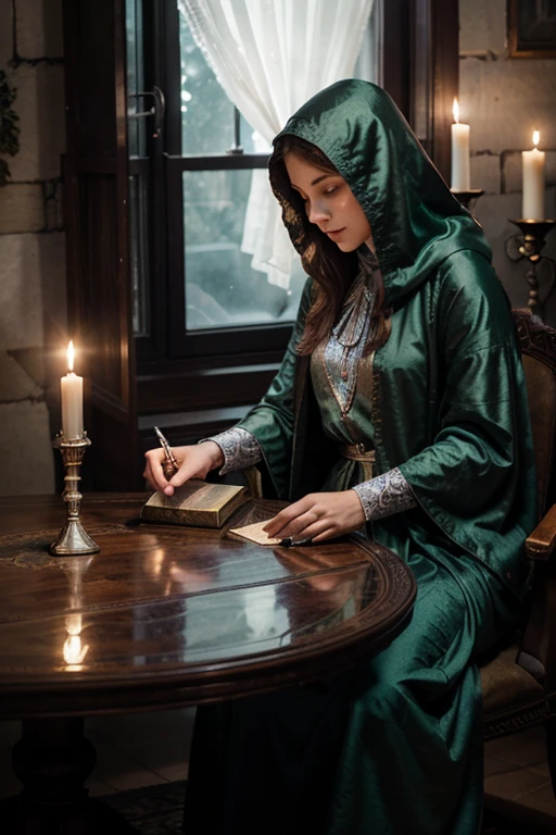 A detailed, mystical image of a tarot reading session. The scene takes place in a richly decorated room with an antique feel. The reader, a mysterious figure in a hooded cloak, sits at a round table covered with an intricate cloth. The tarot cards are laid out in a complex spread. Around the table are various mystical items such as a crystal ball, candles, and books. The window shows a moonlit night with a hint of fog. The color palette includes deep purples, emerald greens, and hints of silver.