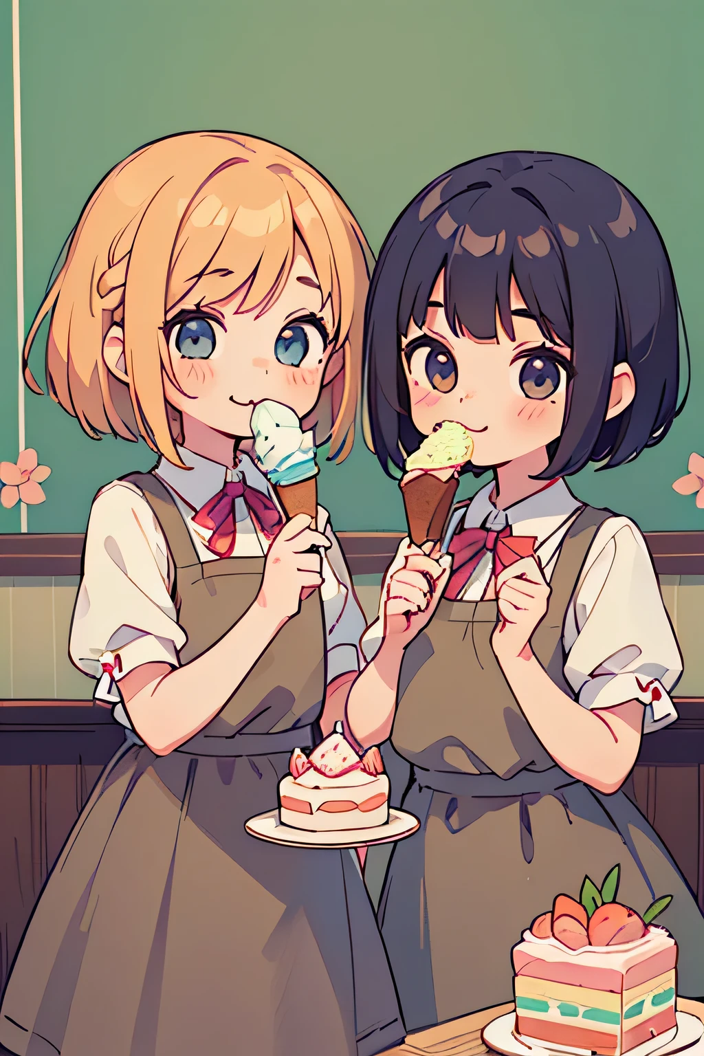 highest quality、High resolution、Detailed Background、(Beautiful face in every detail:1.4)、Anatomically correct、(Detailed facial expressions)、(Detailed eyes:1.2)、(Detailed eyes:1.2)、age beauty、(Three Women)、(Highly detailed face:1.4)、cute hair color、Braided bob cut、Braided Ponytail、cute hairstyle、well-groomed eyebrows、Happy expression、A big smile、laughing、smile、A fun atmosphere、Cowboy Shot、Show upper body、
(Two girls eating ice cream and cake in a cute cafe:1.5)、
Ruffled or lace blouses、Bowtie camisole、flare skirt、Culottes with ribbon、Ribbon and flower motif hair accessories、
Choose sweet colors and designs、A neat and cute atmosphere、cute
