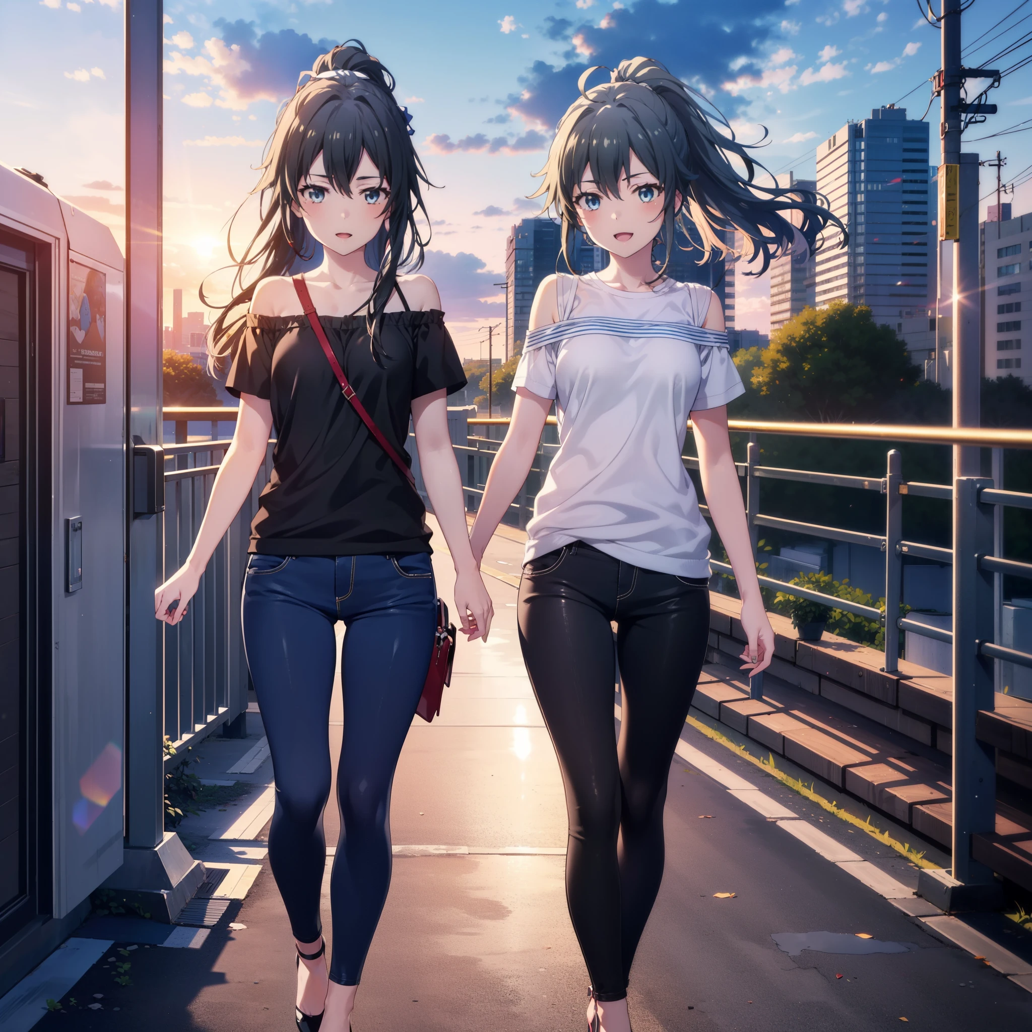 yukinoyukinoshita, yukino yukinoshita, Black Hair, blue eyes, Long Hair, Ahoge,ponytail,happy smile, smile, Open your mouth,Cold shoulder tops,Short sleeve,skinny pants,Stiletto heels,Walking,morning,morning陽,The sun is rising,whole bodyがイラストに入るように,
break outdoors, In town,Building district,
break looking at viewer, whole body,
break (masterpiece:1.2), highest quality, High resolution, unity 8k wallpaper, (figure:0.8), (Beautiful fine details:1.6), Highly detailed face, Perfect lighting, Highly detailed CG, (Perfect hands, Perfect Anatomy),