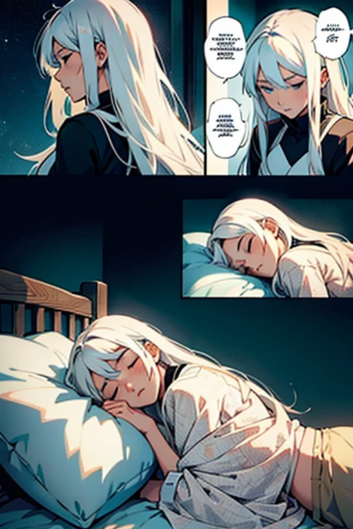 Girl with long white hair sleeping, manga page with panels and dialogue