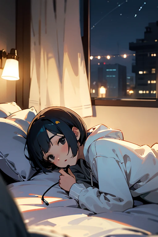 Black short bob、Black eyes、Anime Girls、Lying in bed staring at my phone、night、Light bulb、Wearing a hoodie