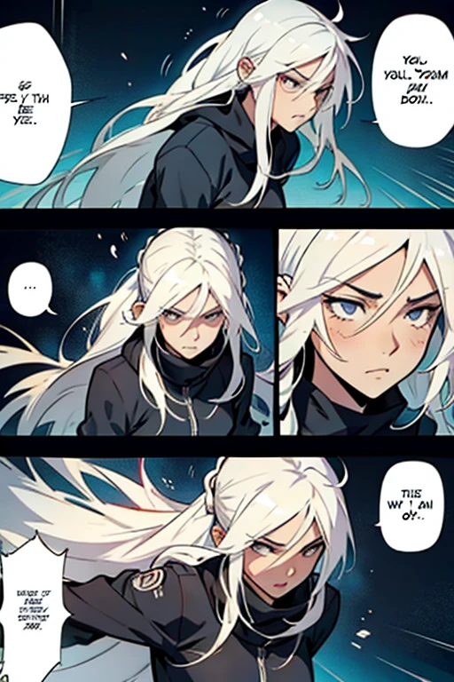 Girl with long white hair punching someone, manga page with panels and dialogue