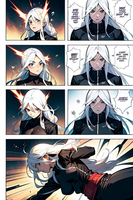 Girl with long white hair punching someone, manga page with panels and dialogue