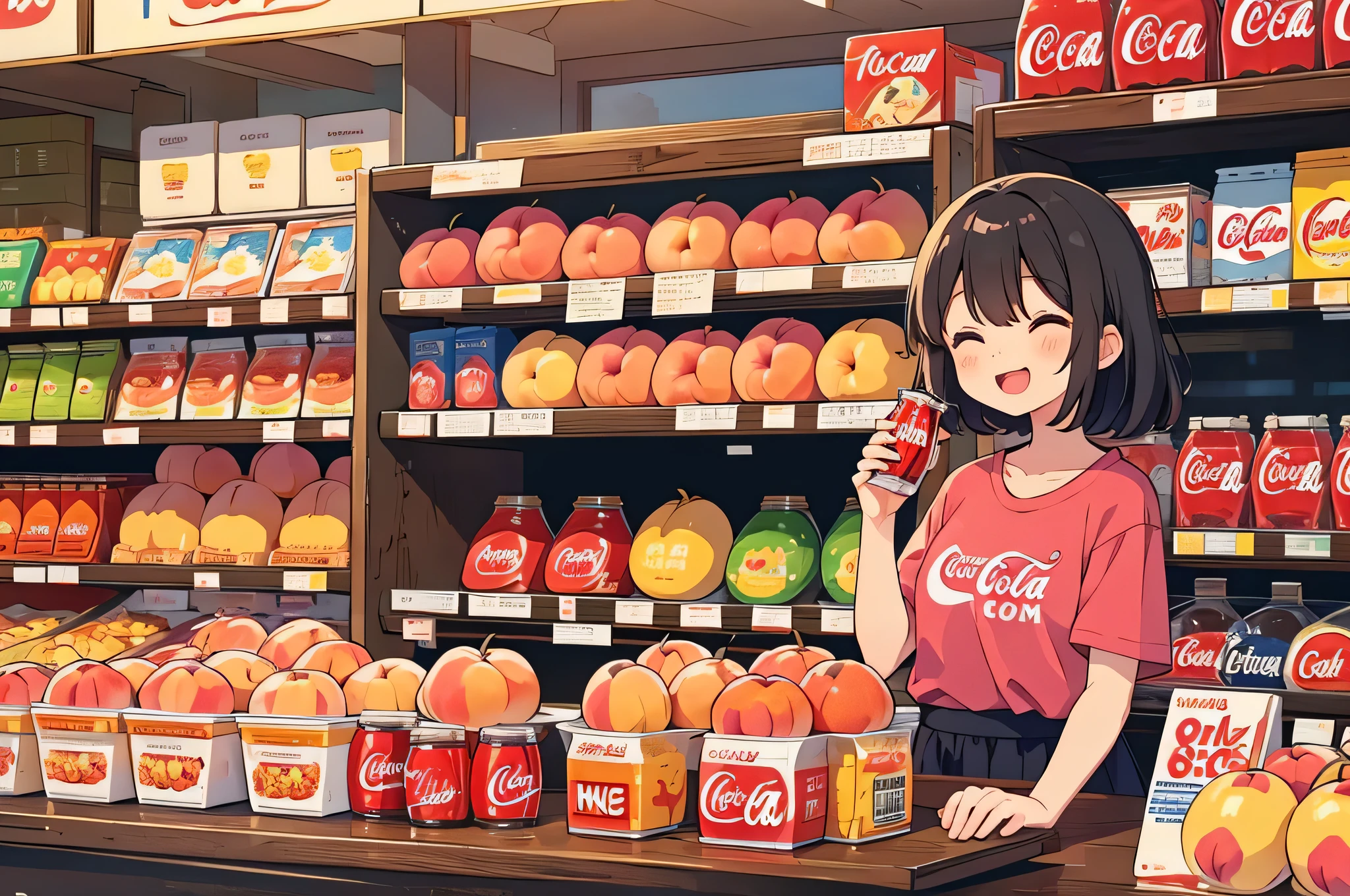 Japanese、1 person, 28 years old, cute、girl、smile, Laughing with your mouth open, Facing forward, Standing upright, Holding a lot of peaches, Inside a convenience store, He is wearing a bright red Coca-Cola T-shirt, There are lots of plastic bottles of Coca-Cola, There are a lot of huge pink peaches piled up behind it.、