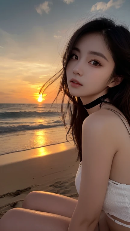 masterpiece、Ultra HD、distinct、RAW UHD format、Detailed skin and eyes、Droopy eyes、A beautiful woman 、Reality Photos、Textured skin、choker、Outdoor Shot、Sunset beach、sitting on the beach、Sunset、(((darkness、Darkness)))