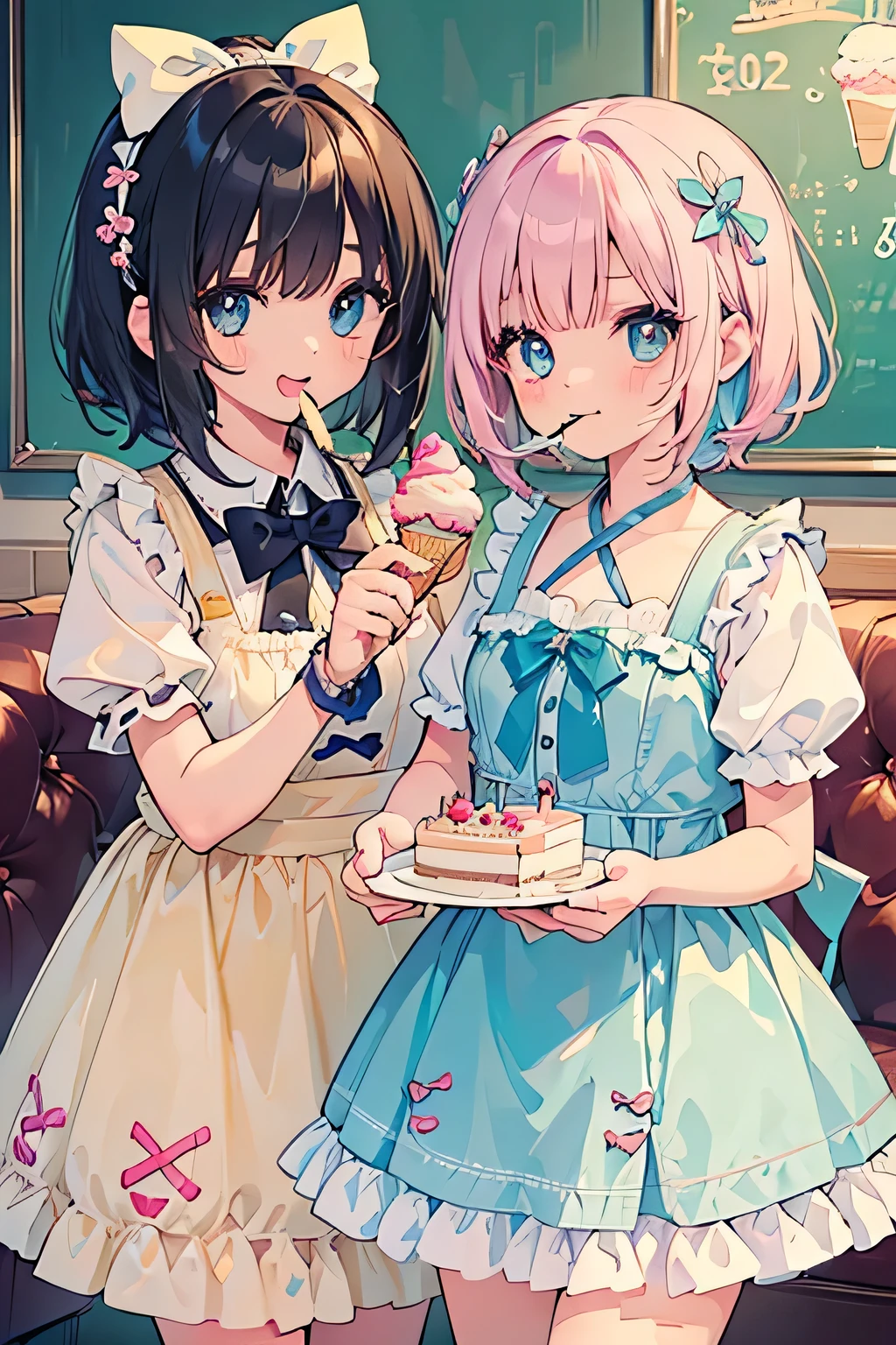 highest quality、High resolution、Detailed Background、(Beautiful face in every detail:1.4)、Anatomically correct、(Detailed facial expressions)、(Detailed eyes:1.2)、(Detailed eyes:1.2)、Teenage beauty、(Three Women)、(Highly detailed face:1.4)、cute hair color、Braided bob cut、Braided Ponytail、cute hairstyle、well-groomed eyebrows、Happy expression、A big smile、laughing、smile、A fun atmosphere、Cowboy Shot、Show upper body、
(Two girls eating ice cream and cake in a cute cafe:1.5)、
Ruffled or lace blouses、Bowtie camisole、flare skirt、Culottes with ribbon、Ribbon and flower motif hair accessories、
Choose sweet colors and designs、A neat and cute atmosphere、cute