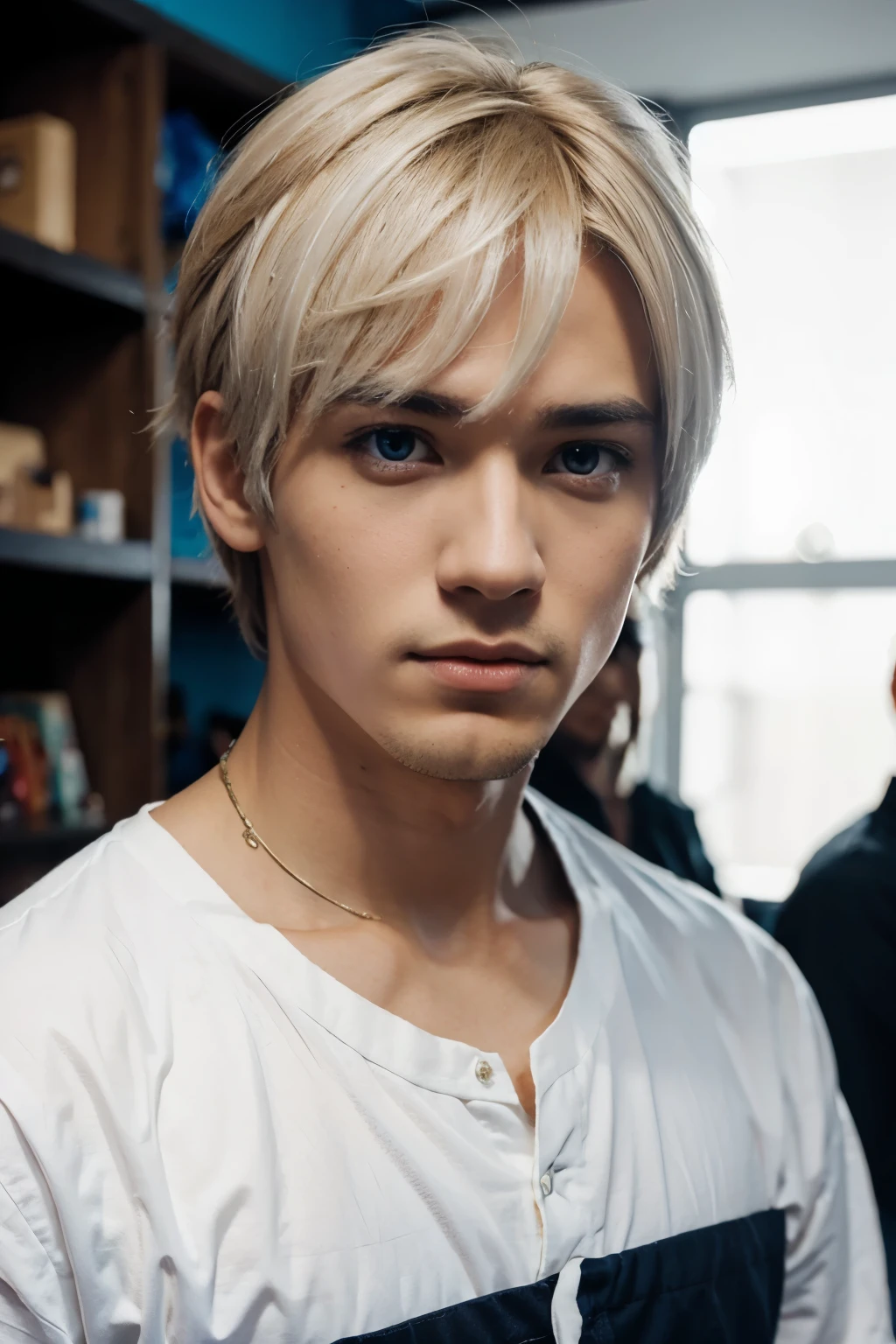 Hombre de anime con pelo blanco y ojos azules