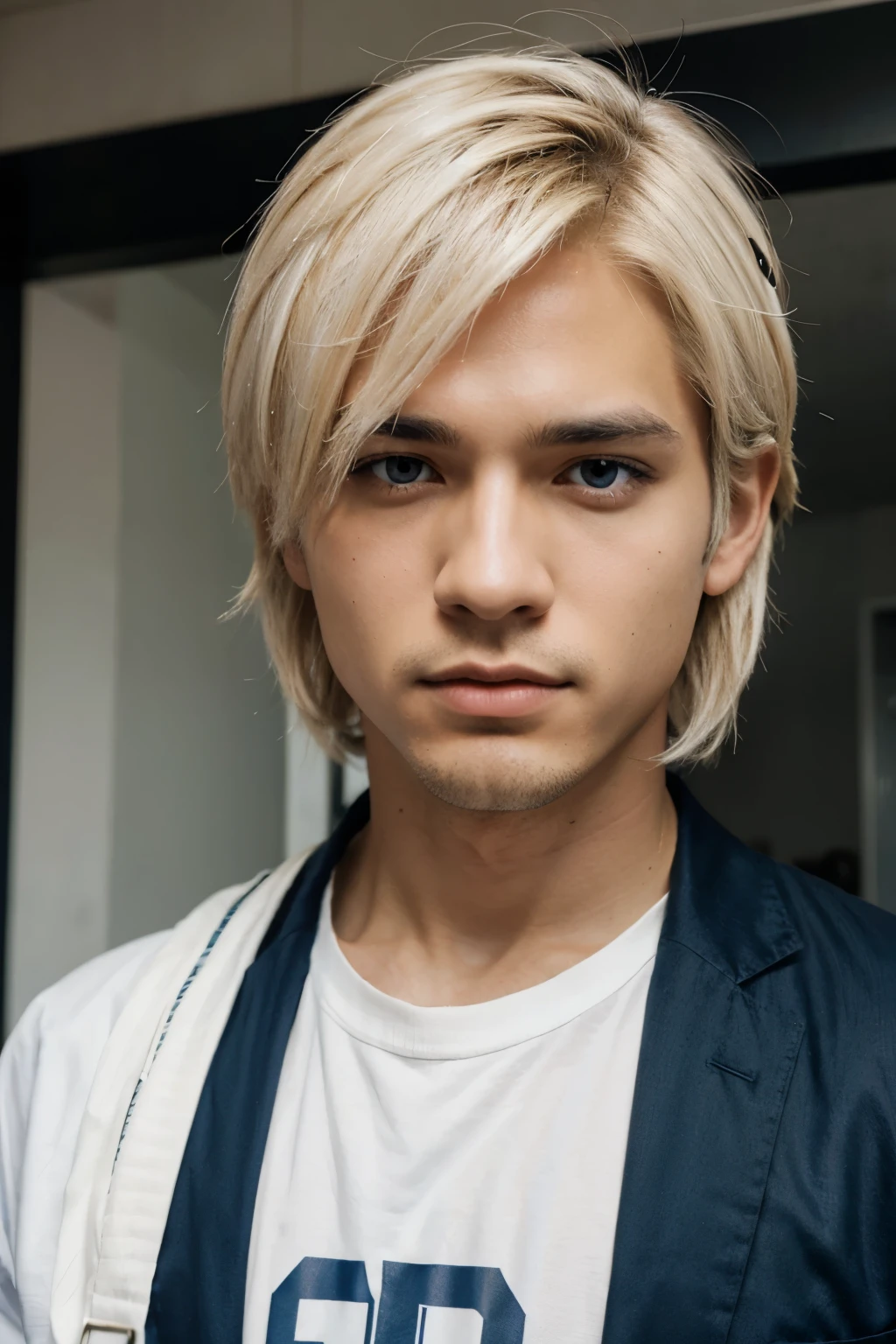Hombre de anime con pelo blanco y ojos azules