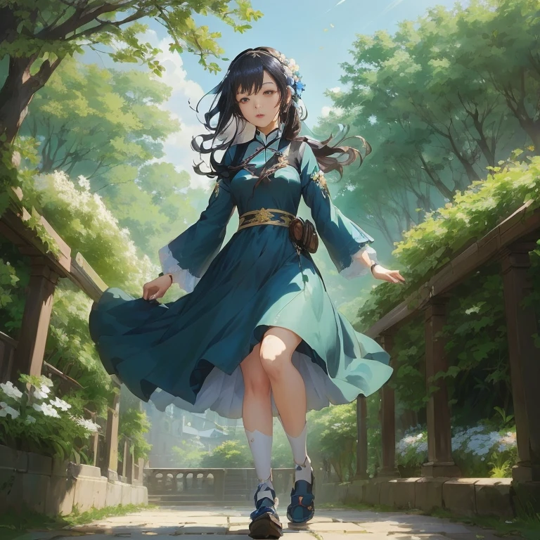 anime girl in a blue dress walking down a path, official art, guweiz on pixiv artstation, palace , a girl in hanfu, guweiz, artwork in the style of guweiz, guweiz on artstation pixiv, high detailed official artwork, anime moe artstyle, official artwork, smooth anime cg art, young anime girl