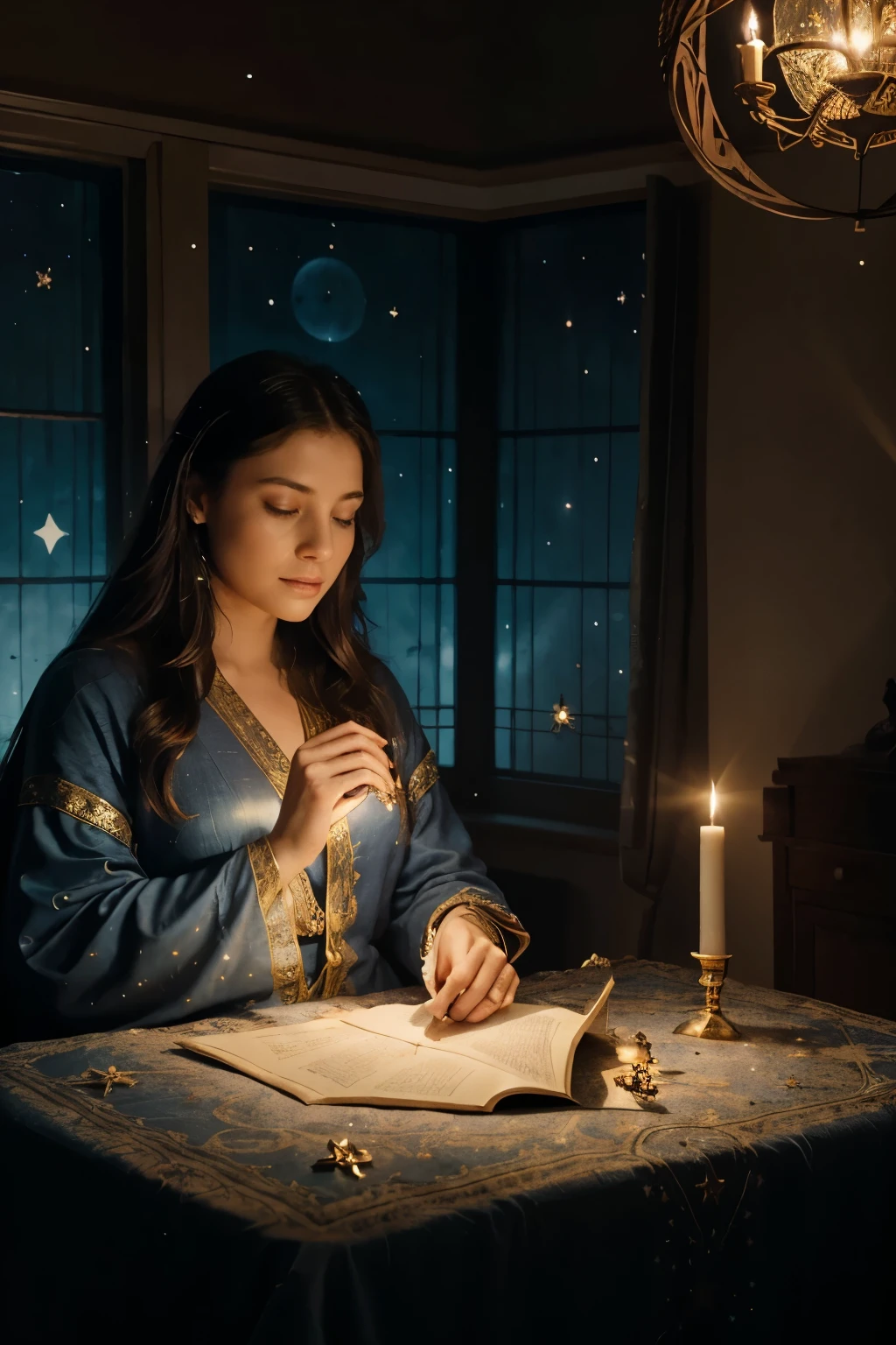A realistic, mystical scene of an astrologer interpreting a natal chart. The setting is an enchanting room with celestial decor: star maps on the walls, a large astrological wheel on the table, and an ornate telescope pointed towards the window. The astrologer, an elegant woman in flowing robes, examines the chart by candlelight. The night sky outside is filled with twinkling stars. The color palette features deep blues, silver, and soft golds, creating a serene and magical atmosphere.