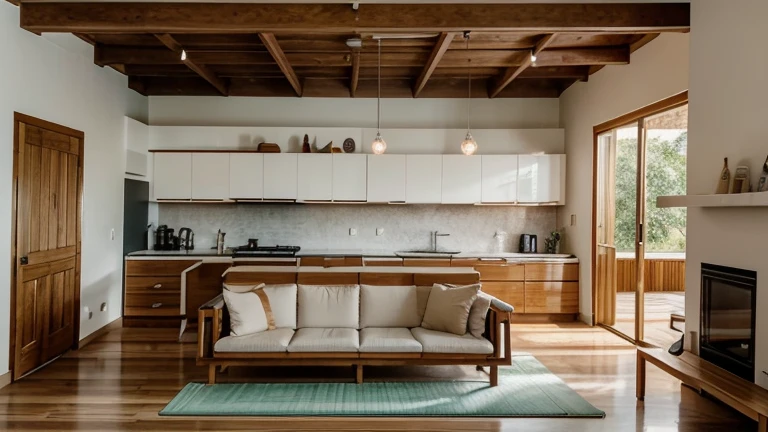 Ambiente integrado entre salas e cozinha possuindo 2,40 right foot.
The floor is covered in vinyl imitating cedar wood..
The kitchen is 16 m² and is linear with the support of an island with cooktop and brushed stainless steel hood fixed to the ceiling. It serves as a bench for high Japanese-style wooden stools.
The countertop is in white Itaúnas granite.
The joinery goes to the ceiling with cabinets in pink cedar wood and doors with a cane finish..
The pediment is covered with textured satin porcelain tiles and is located in the washing area, which has a farmhouse style bowl in brushed stainless steel.
The refrigerator is an inverse model in stainless steel..
The oven and microwave are made of stainless steel and are built into the bottom of the island..
On the side wall there are shelves for spice racks and hanging kokedamas..
The living room is 24 m² and has a living and dining area..
The layout is fluid, allowing good circulation.
The sofa is a 3-seater tatami style sofa with ivory twill fabric upholstery.. The cushions and blanket are in linen and raw cotton fabric in burgundy red, verde esmeralda e turquesa.
Beyond the sofa, there are 3 more rectilinear wooden seats with straw details.
In the center of the living area there is a low rectangular coffee table in sucupira wood on a bamboo tatami mat..
The television rack is a design piece of furniture in sucupira wood with geometric details in burgundy colors., verde esmeralda e turquesa onde ficam expostos aparelhos de controle residencial.
Leaning against the wall are wooden paintings with Japanese art and a shoji floor lamp.. There is also an open shelf for displaying manga magazines..
The dining area has a 6-seater rectangular wooden table with hollow legs and chairs with geometric backs.. Sobre a mesa, there is a rectangular pendant lamp in wood and shoji paper.
There are exposed wooden beams on the ceiling..
There is plenty of natural light coming from a large window, and the artificial lighting is warm and diffused and there are potted plants.