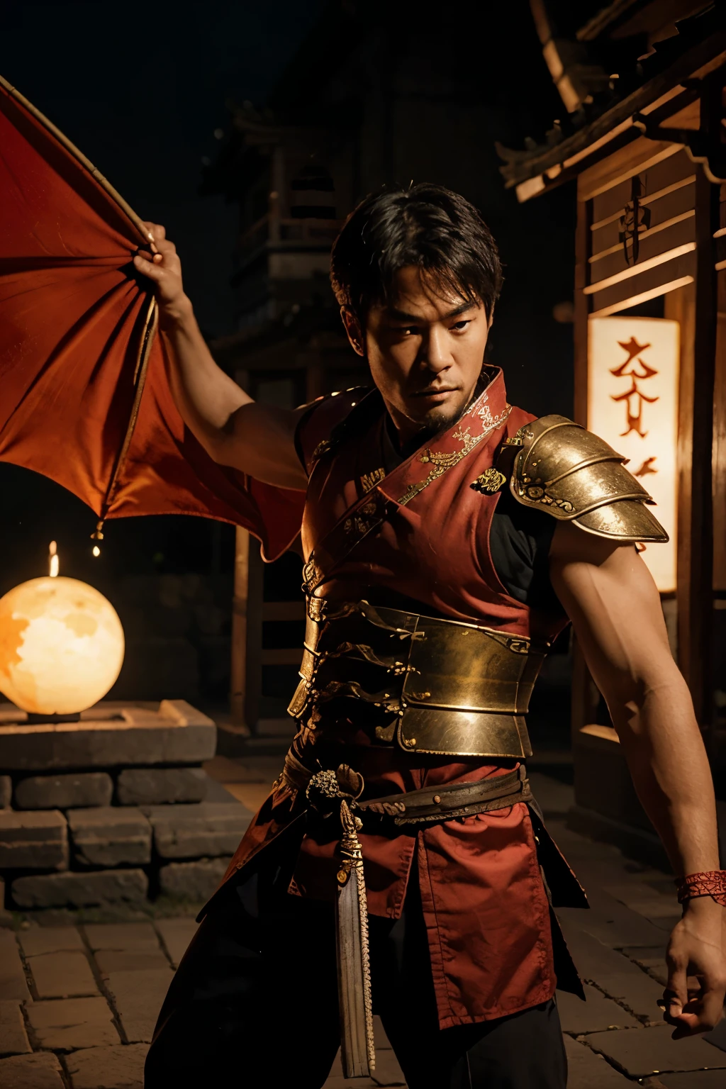 A swordsman in ancient China facing a dragon, com uma lua vermelha