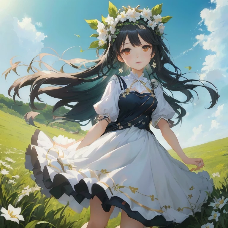 anime girl in a white dress with a flower crown on her head, in dress, anime moe artstyle, cute anime waifu in a nice dress, hestia, official art, guweiz on pixiv artstation, anime visual of a cute girl, official artwork, smooth anime cg art, high detailed official artwork