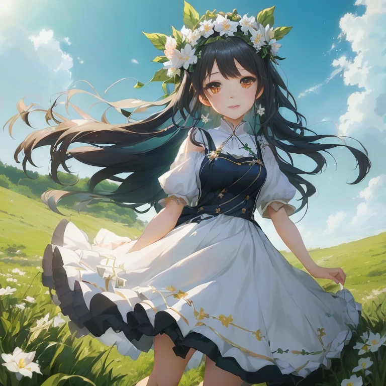 anime girl in a white dress with a flower crown on her head,  in dress, anime moe artstyle, cute anime waifu in a nice dress, hestia, official art, guweiz on pixiv artstation, anime visual of a cute girl, official artwork, smooth anime cg art, high detailed official artwork