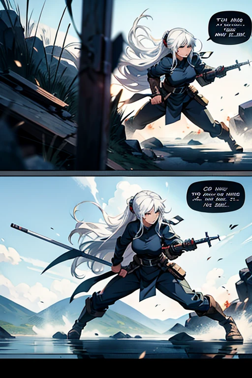 Girl with long white hair in fighting positions, manga page with panels and dialogue