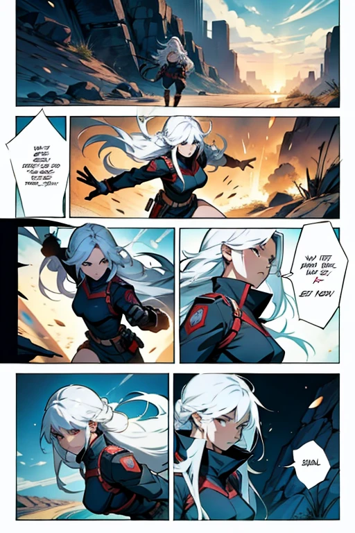 Girl with long white hair in fighting positions, manga page with panels and dialogue