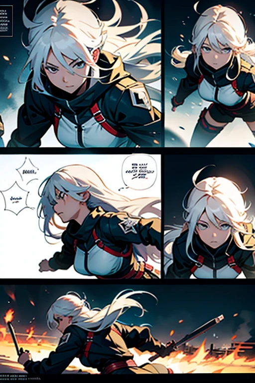 Girl with long white hair in fighting positions, manga page with panels and dialogue