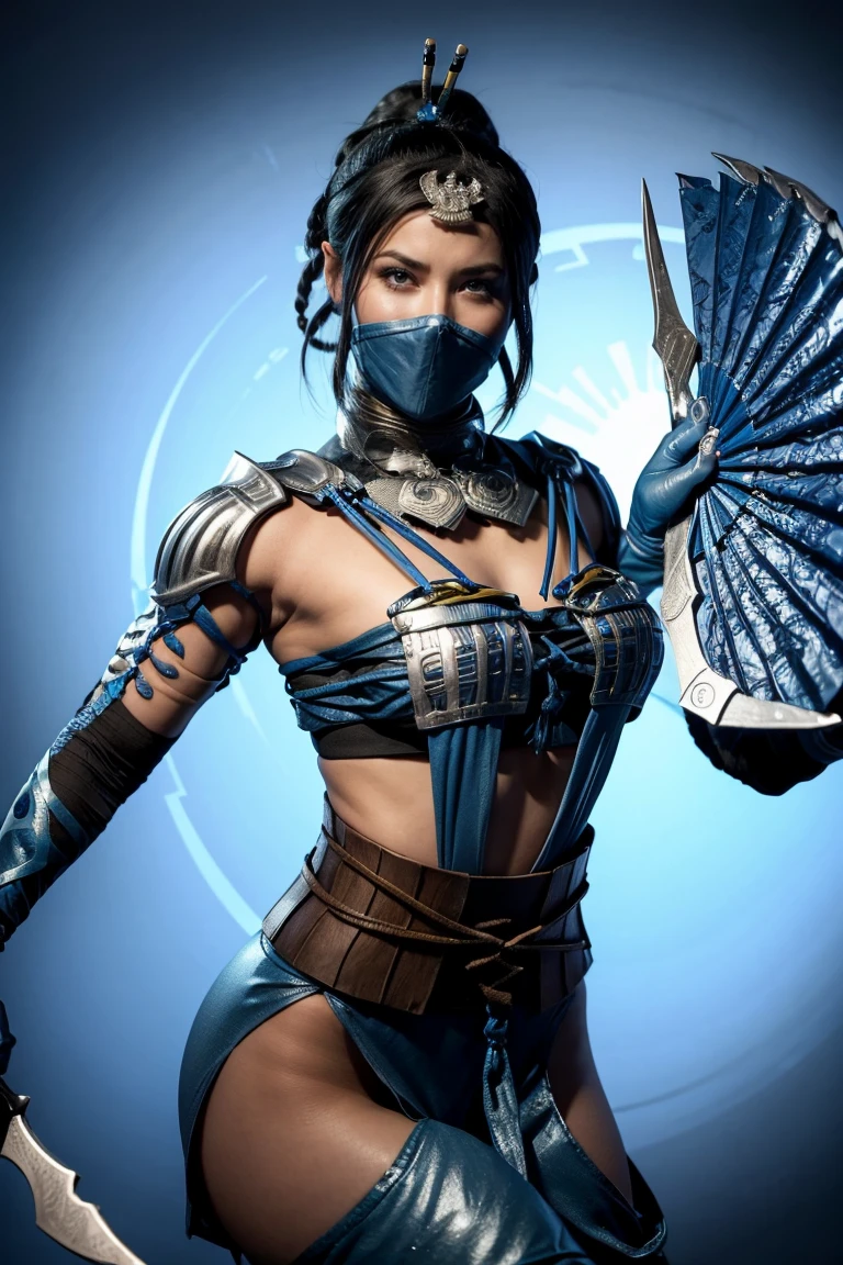 arafed woman in a blue costume holding a blue fan, kitana from mortal kombat, mk ninja, blue and ice silver color armor, wielding kunai, costume with blue accents, character from mortal kombat, freezing blue skin, in mortal kombat, inspired by Li Mei-shu, badass pose, pale blue armor, 2 k, 2k