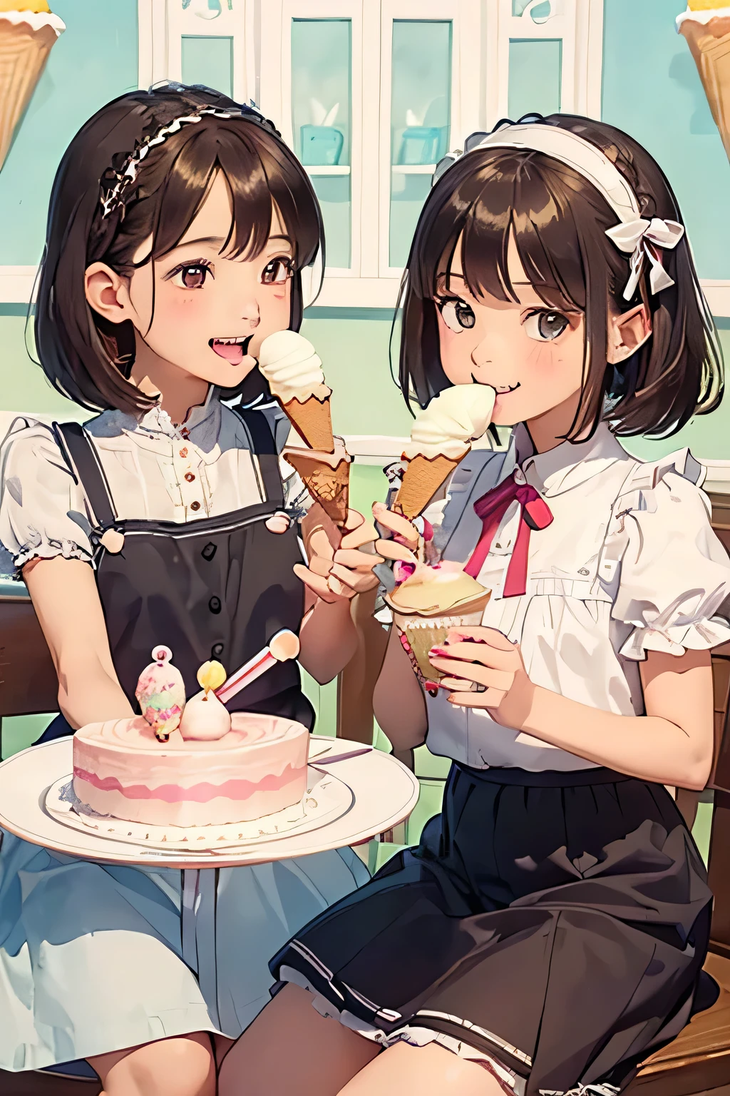 highest quality、High resolution、Detailed Background、(Beautiful face in every detail:1.4)、Anatomically correct、(Detailed facial expressions)、(Detailed eyes:1.2)、(Detailed eyes:1.2)、 beauty、(Three Women)、(Highly detailed face:1.4)、cute hair color、Braided bob cut、Braided Ponytail、cute hairstyle、well-groomed eyebrows、Happy expression、A big smile、laughing、smile、A fun atmosphere、Cowboy Shot、Show upper body、
(Two girls eating ice cream and cake in a cute cafe:1.5)、
Ruffled or lace blouses、Bowtie camisole、flare skirt、Culottes with ribbon、Ribbon and flower motif hair accessories、
Choose sweet colors and designs、A neat and cute atmosphere、cute