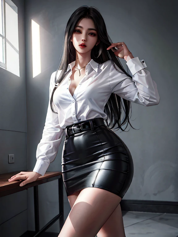 Fotorrealista, high resolution, luzes suaves, 1 mulheres, Sozinho, Quadris para cima, olhos azuis, cabelo branco, cabelo longo, Close your lips, camisa de colarinho, gravata preta,Saia preta, pencil skirt, casaco de pele, meias