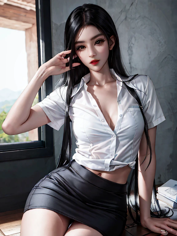 Fotorrealista, high resolution, luzes suaves, 1 mulheres, Sozinho, Quadris para cima, olhos azuis, cabelo branco, cabelo longo, Close your lips, camisa de colarinho, gravata preta,Saia preta, pencil skirt, casaco de pele, meias